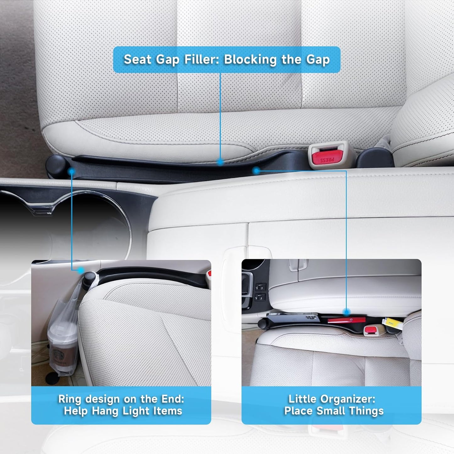 Givifive Car Seat Gap Filler Set of 2, Soft Foam Multifunctional Seat Side Gap Filler with Organizer & Hook Function, 3in1 Gap Stopper Universal Fit Car SUV Truck Fill The Gap Between Seat & Console