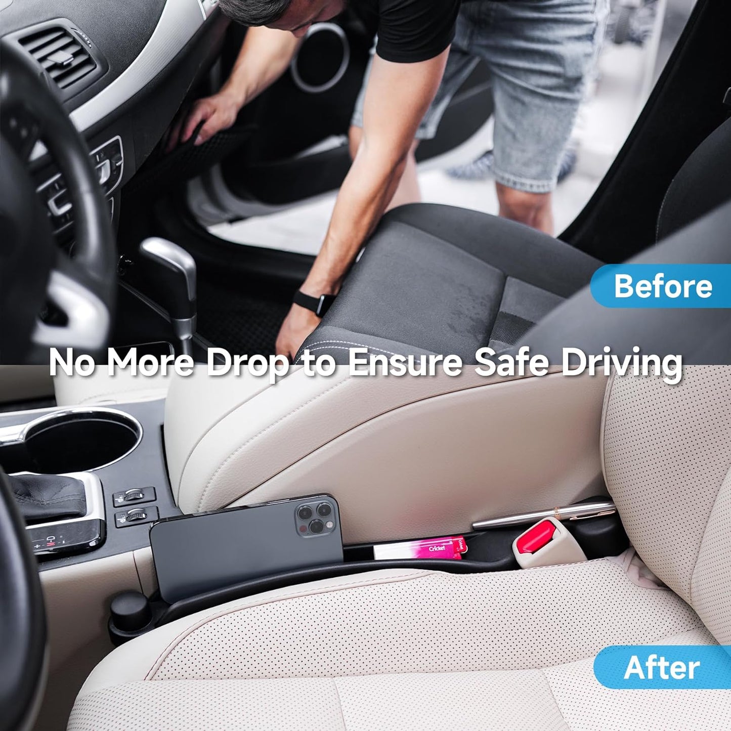 Givifive Car Seat Gap Filler Set of 2, Soft Foam Multifunctional Seat Side Gap Filler with Organizer & Hook Function, 3in1 Gap Stopper Universal Fit Car SUV Truck Fill The Gap Between Seat & Console